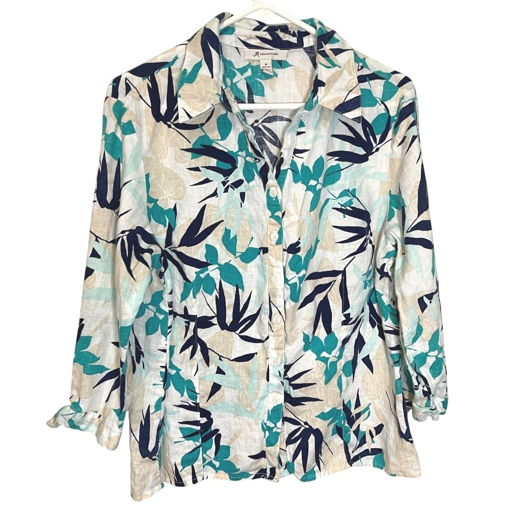 JM Collection 16 Multicolor‎ Button Down Tropical Linen Blouse Coastal Summer